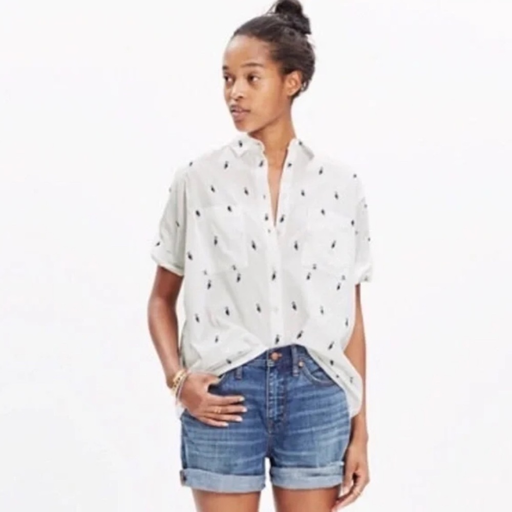 Madewell White Short-Sleeve Button-Down Shirt with Black Dot Print